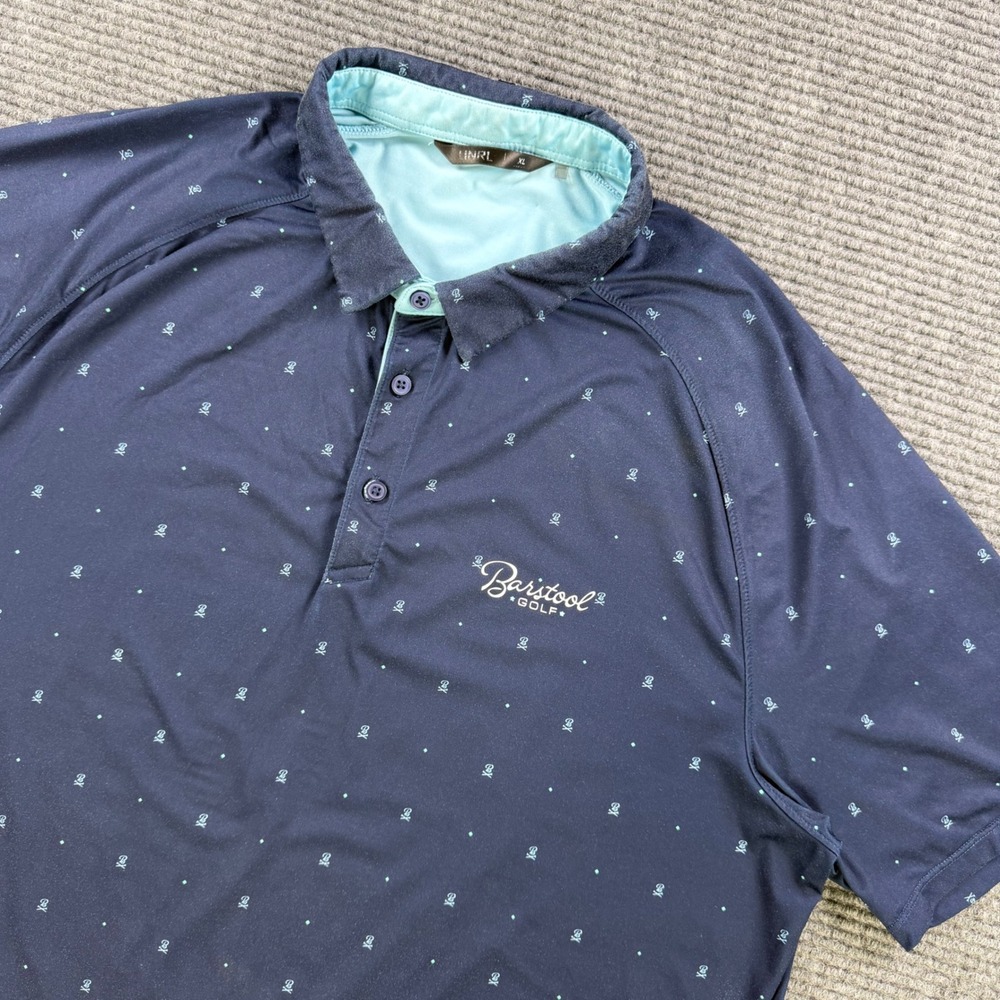 UNRL Barstool Golf Polo Shirt Mens XL Navy Blue Skull Print Performance Stretch